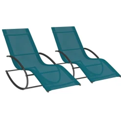 Lot de 2 transats de jardin à bascule gris anthracite et toile bleu canard*IDMarket