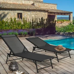 Lot de 2 transats de jardin inclinables toile et acier noir*IDMarket Best