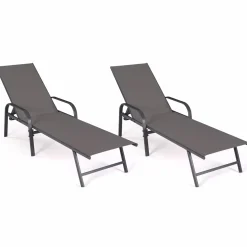 Lot de 2 transats inclinables pour jardin en acier gris et toile grise*IDMarket Sale