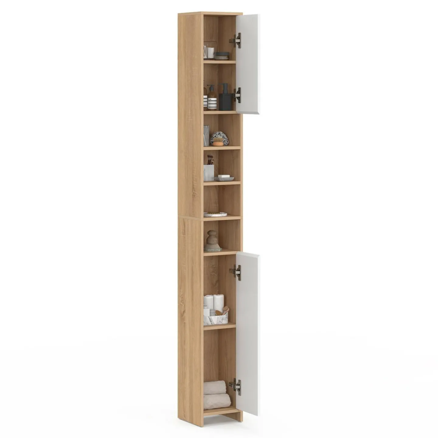 Meuble colonne salle de bain 2 portes 4 niches façon hêtre et blanc*IDMarket Hot