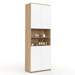 Meuble colonne salle de bain 4 portes 2 niches façon hêtre et blanc*IDMarket New