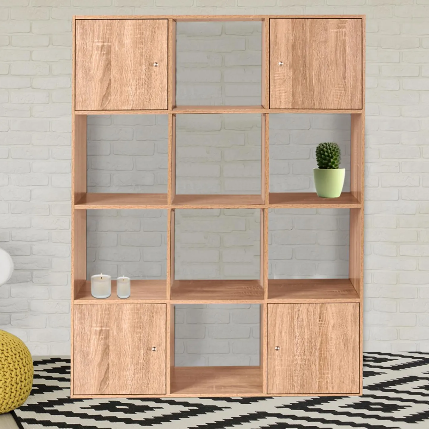 Meuble de rangement cube 12 cases imitation hêtre avec portes*IDMarket Best