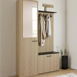 Meuble d’entrée vestiaire effet bois et noir avec banc rangement à chaussures, miroir 1 porte et étagères*IDMarket New