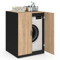 Meuble pour machine à laver avec portes noir et hêtre*IDMarket New