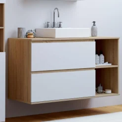 Meuble sous vasque suspendu salle de bain 2 tiroirs et 2 niches façon hêtre et blanc*IDMarket Sale
