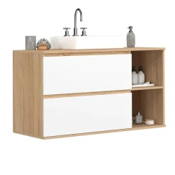 Meuble sous vasque suspendu salle de bain 2 tiroirs et 2 niches façon hêtre et blanc*IDMarket Sale