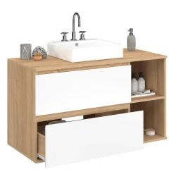 Meuble sous vasque suspendu salle de bain 2 tiroirs et 2 niches façon hêtre et blanc*IDMarket Sale