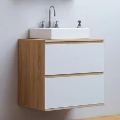 Meuble sous vasque suspendu salle de bain 2 tiroirs façon hêtre et blanc*IDMarket Online