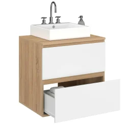 Meuble sous vasque suspendu salle de bain 2 tiroirs façon hêtre et blanc*IDMarket Online