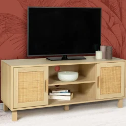 Meuble télé cannage et bois clair avec étagères*IDMarket New