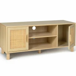 Meuble télé cannage et bois clair avec étagères*IDMarket New