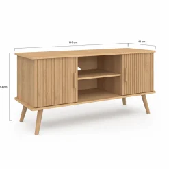 Meuble TV 110 cm avec 2 portes effet lattes tasseau bois*IDMarket Sale