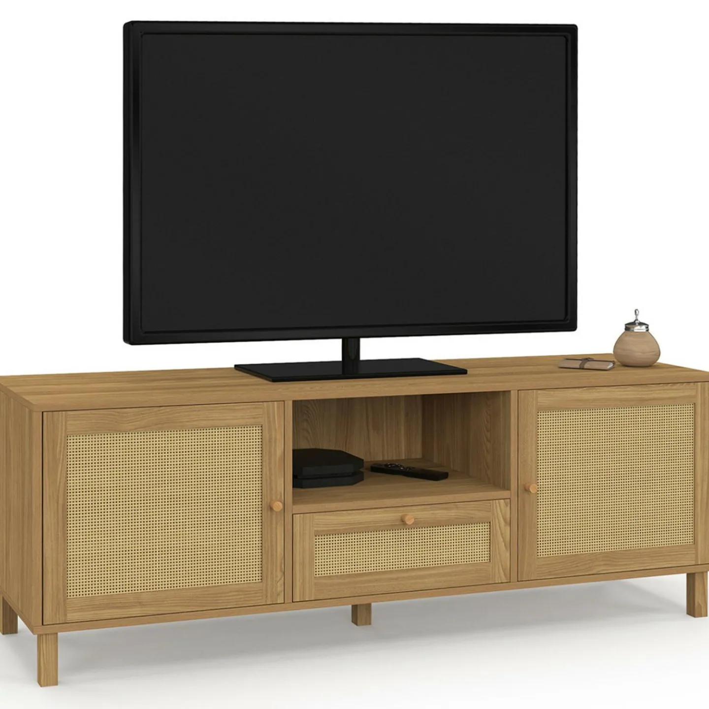 Meuble TV 140 cm vintage 3 portes effet naturel cannage*IDMarket Hot