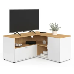 Meuble TV 90 x 90 cm d'angle façon hêtre et blanc*IDMarket
