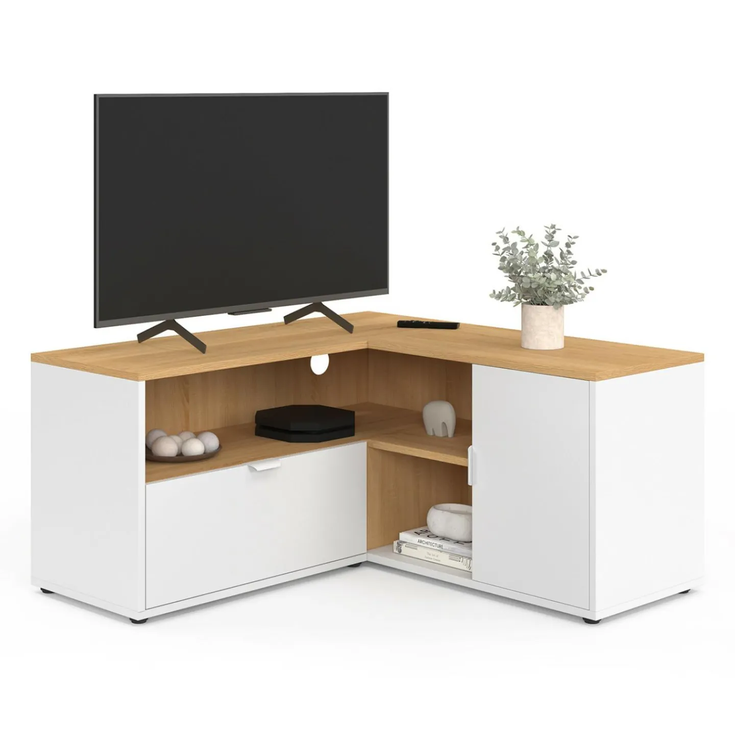 Meuble TV 90 x 90 cm d'angle façon hêtre et blanc*IDMarket