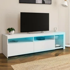 Meuble TV blanc laqué avec étagères en verre et LED*IDMarket Hot