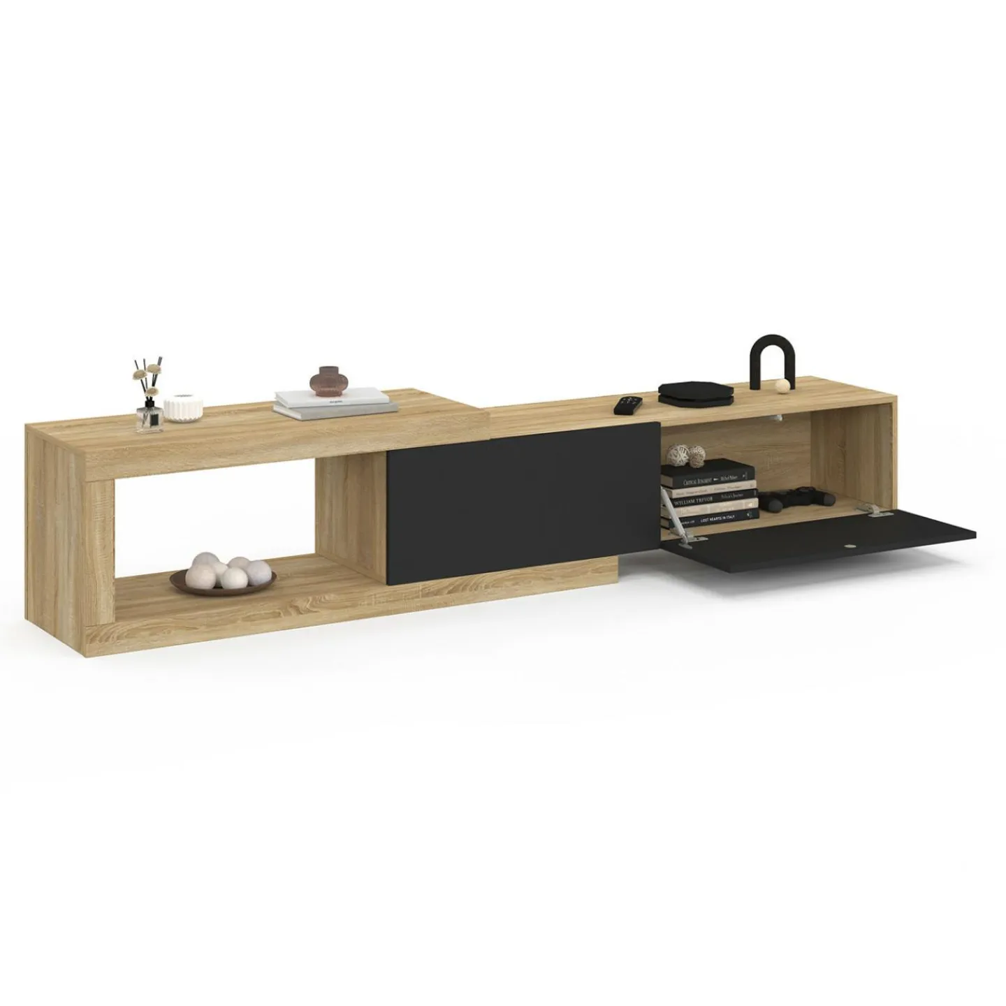 Meuble tv extensible 2 portes bois et noir*IDMarket Best