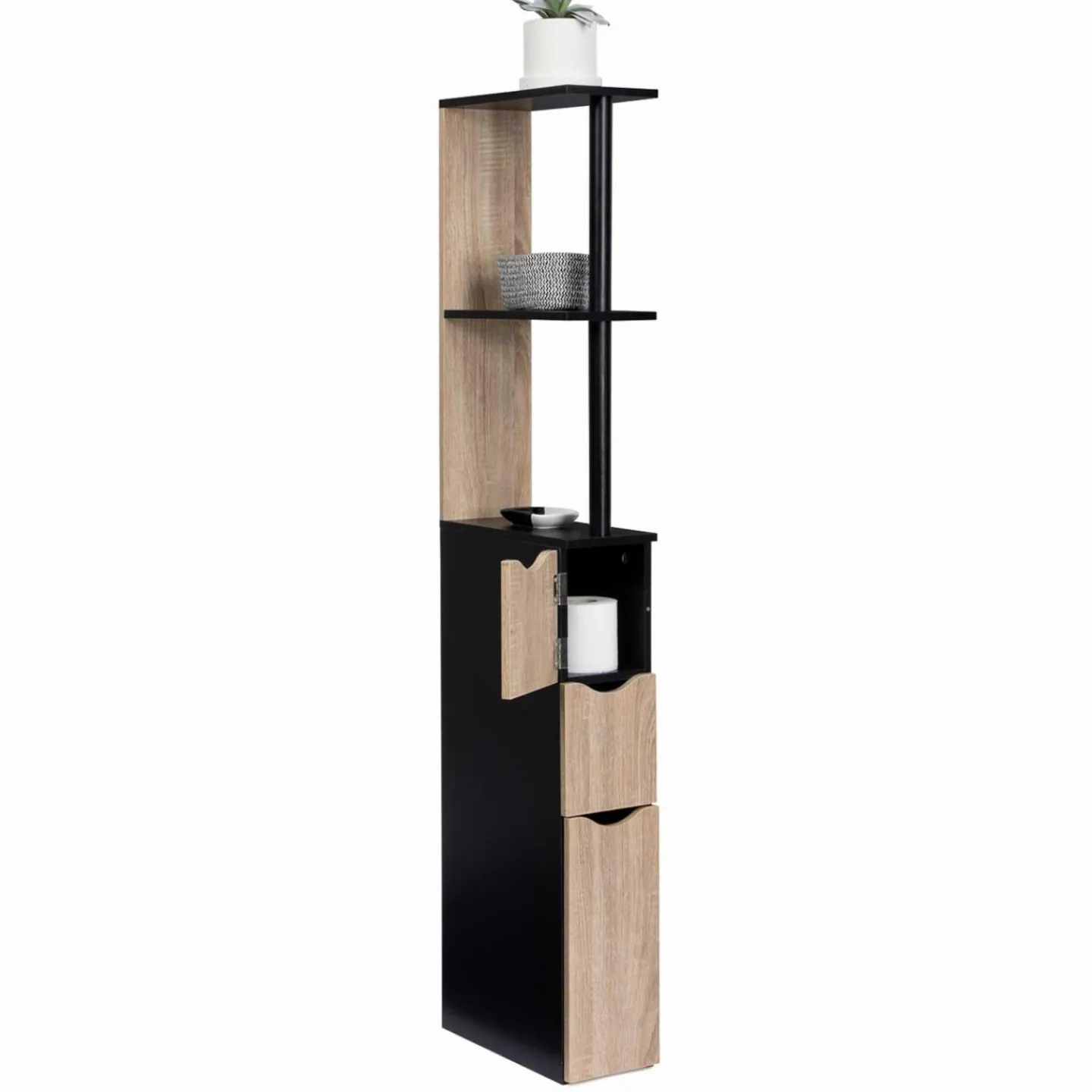Meuble WC étagère avec portes : noir et bois*IDMarket Clearance