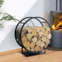 Range bûches rond avec étagère en acier noir*IDMarket Sale