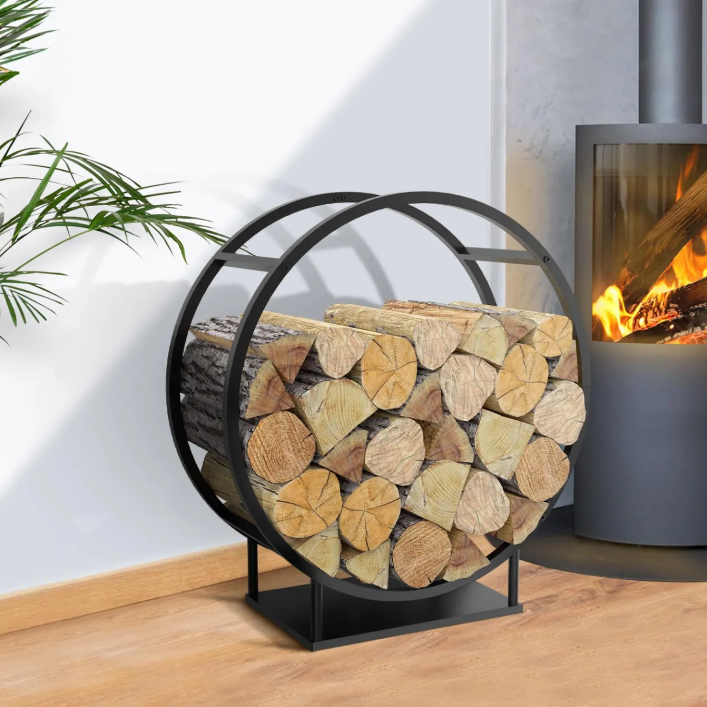 Range bûches rond avec étagère en acier noir*IDMarket Sale