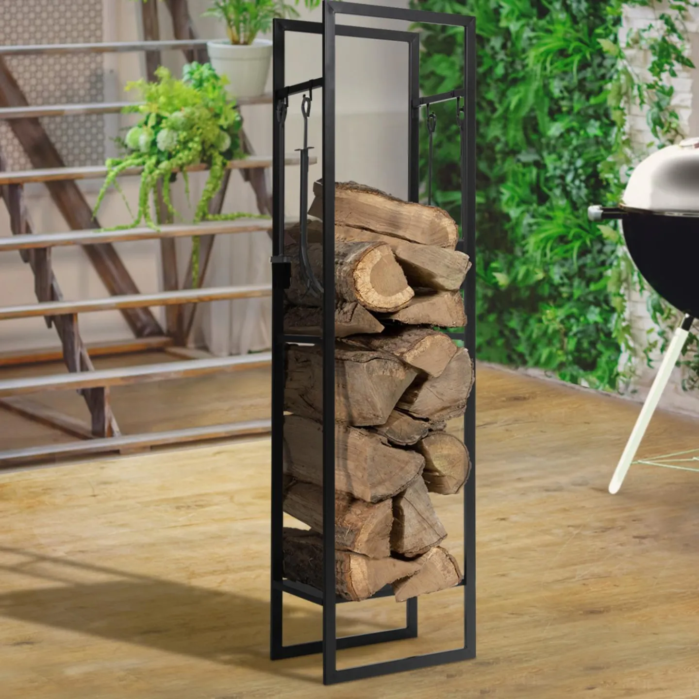 Range bûches vertical en acier noir et accessoires*IDMarket Best