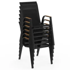 Salon de jardin avec plateau effet bois et chaises empilables noir et bois*IDMarket Hot