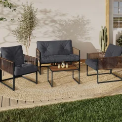 Salon de jardin bas 4 places acier gris et cordage marron*IDMarket Sale