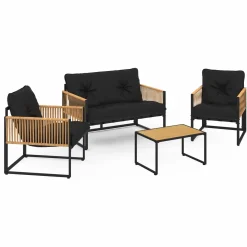 Salon de jardin bas 4 places acier noir, cordage rotin clair et coussins noir*IDMarket Discount