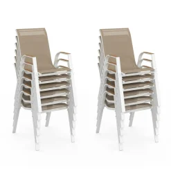 Salon de jardin extensible 12 personnes table 135/270 cm plateau effet bois et chaises empilables blanc et bois*IDMarket Online