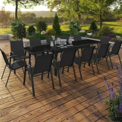 Salon de jardin noir avec table extensible et 12 chaises empilables*IDMarket