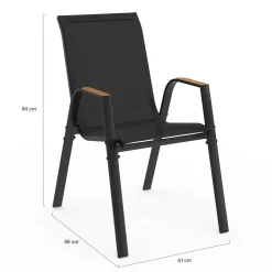 Salon de jardin noir et bois avec table 150 cm plateau verre trempé effet bois et 6 chaises empilables*IDMarket Hot