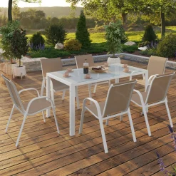 Salon de jardin 6 personnes chaises empilables blanc et beige table 150 cm*IDMarket Clearance