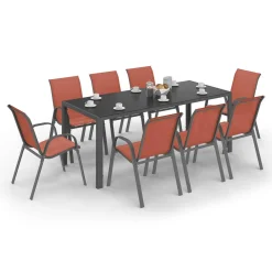 Salon de jardin table 190cm et 8 chaises empilables terracotta*IDMarket Outlet