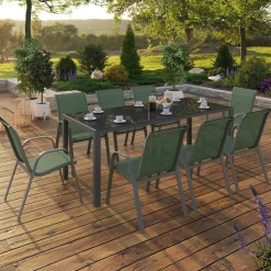 Salon de jardin vert olive avec table 190 cm et 8 chaises empilables*IDMarket Sale