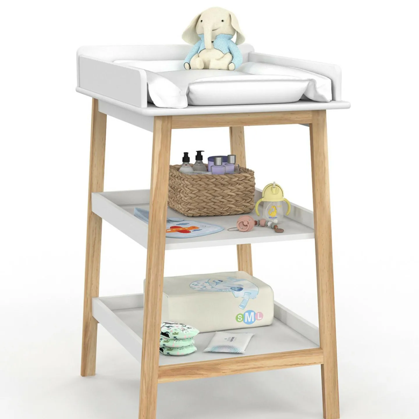 Table à langer avec 2 étagères façon hêtre et blanc*IDMarket Hot