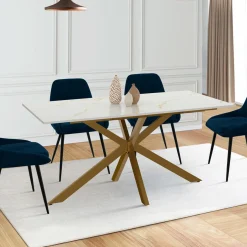 Table à manger extensible 160-200 cm 6-10 personnes avec plateau effet marbre doré et pied araignée en laiton*IDMarket Sale