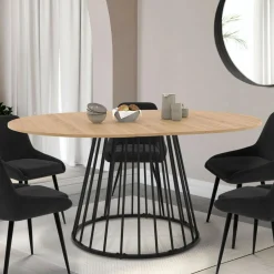 Table à manger extensible ronde 110-150 cm 4-8 personnes bois et pied filaire noir*IDMarket Best