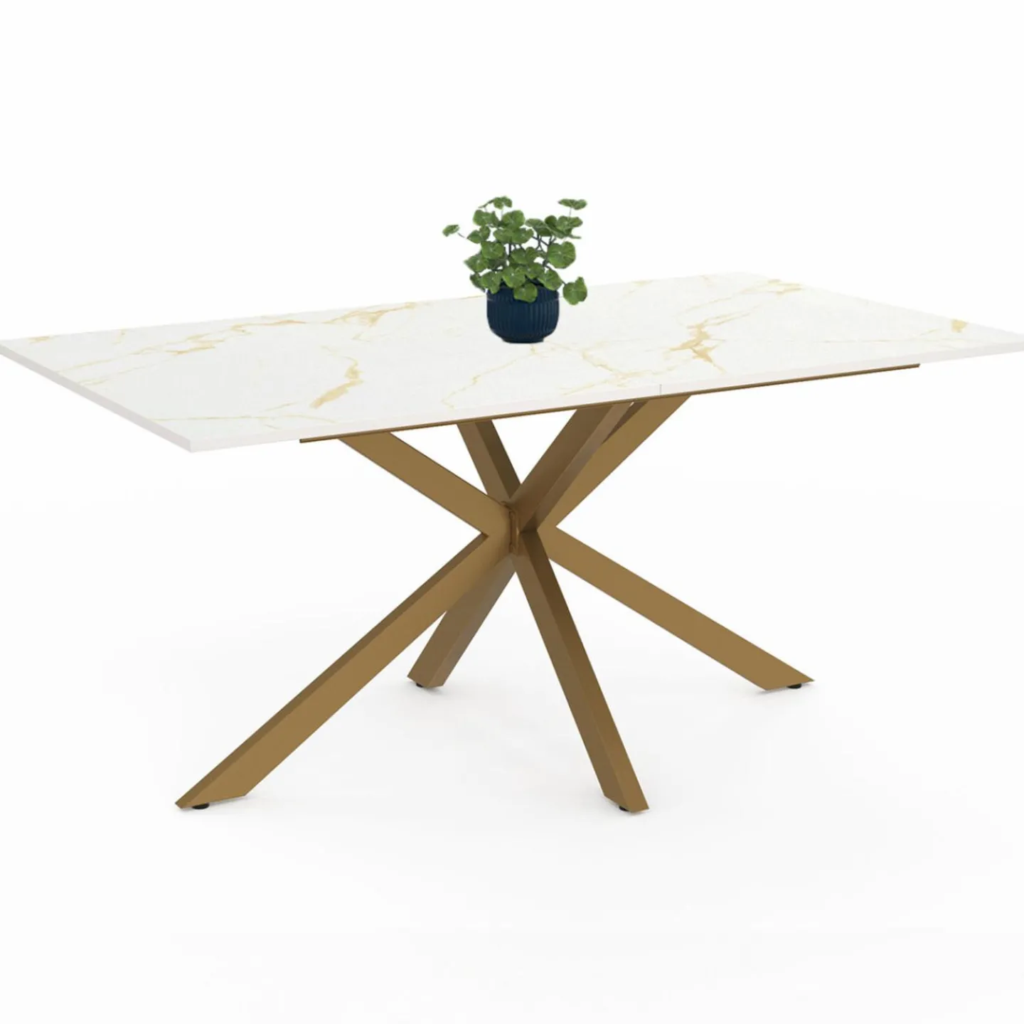 Table à manger rectangle 8 personnes 160 cm pied araignée laiton et plateau effet marbre blanc*IDMarket