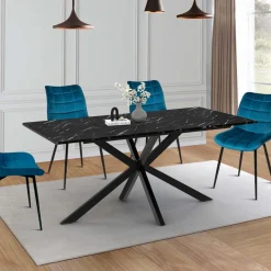 Table à manger rectangulaire extensible métal et effet marbre noir 160-200 cm*IDMarket Clearance