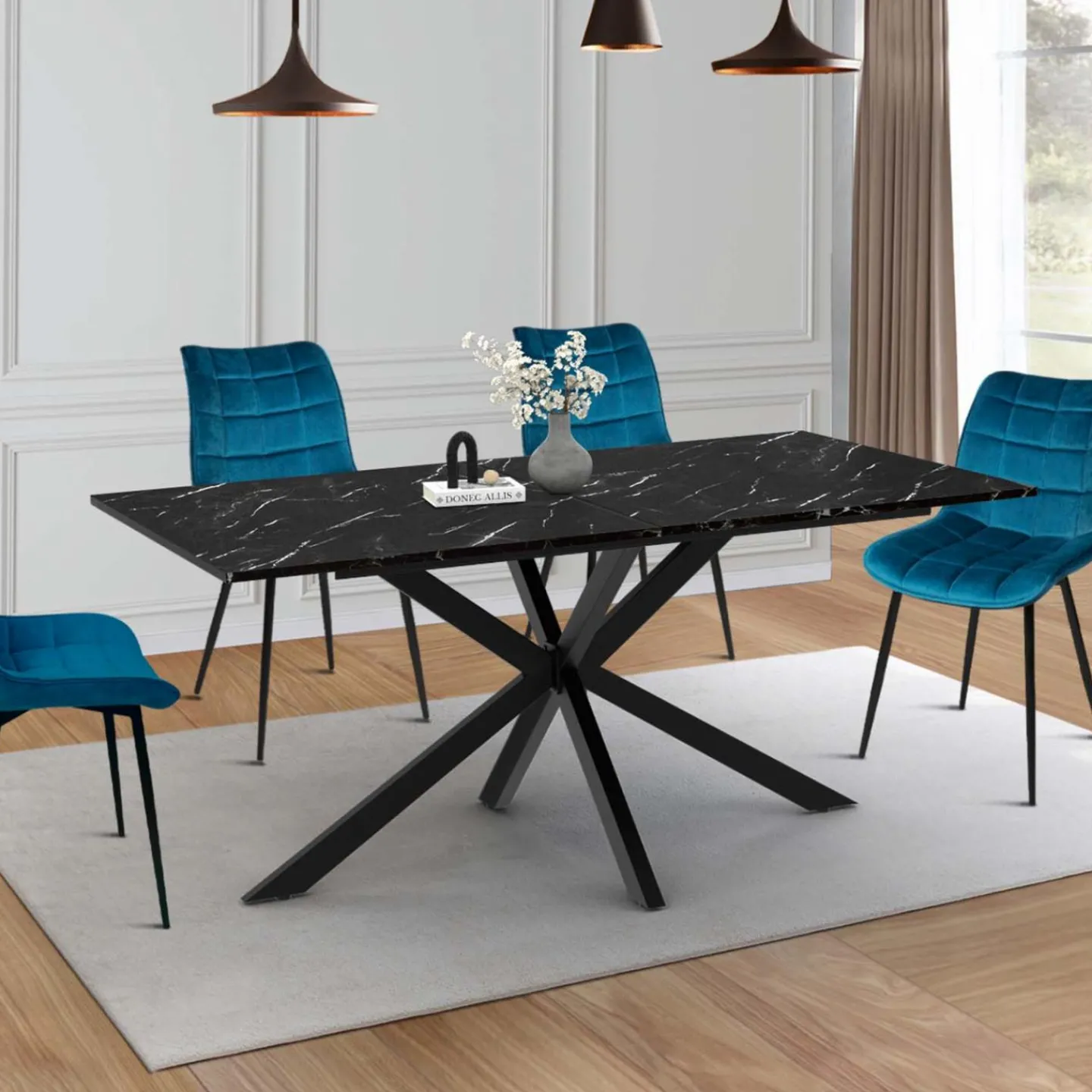 Table à manger rectangulaire extensible métal et effet marbre noir 160-200 cm*IDMarket Clearance