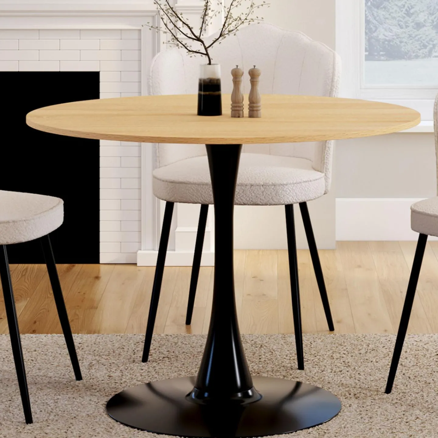 Table à manger ronde 100 cm bois et noir 4 personnes pied tulipe*IDMarket Best