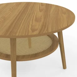 Table basse 70 cm ronde bois façon hêtre et plateau effet naturel cannage*IDMarket