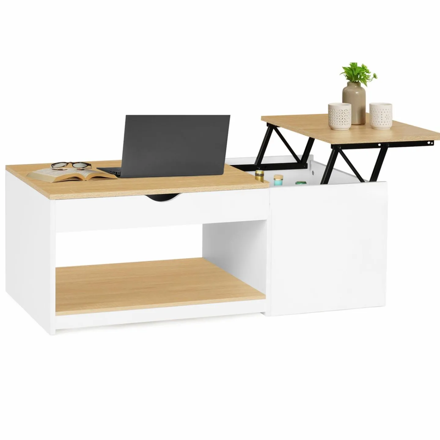 Table basse 2 plateaux relevables bois blanc et façon hêtre*IDMarket