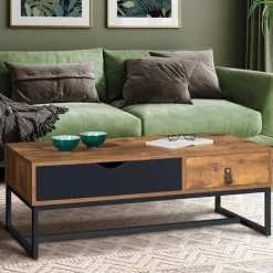 Table basse 2 tiroirs style industriel effet bois vieilli*IDMarket Discount