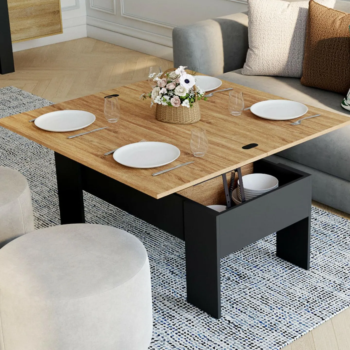 Table basse plateau relevable rectangulaire bois noir et imitation hêtre*IDMarket Best