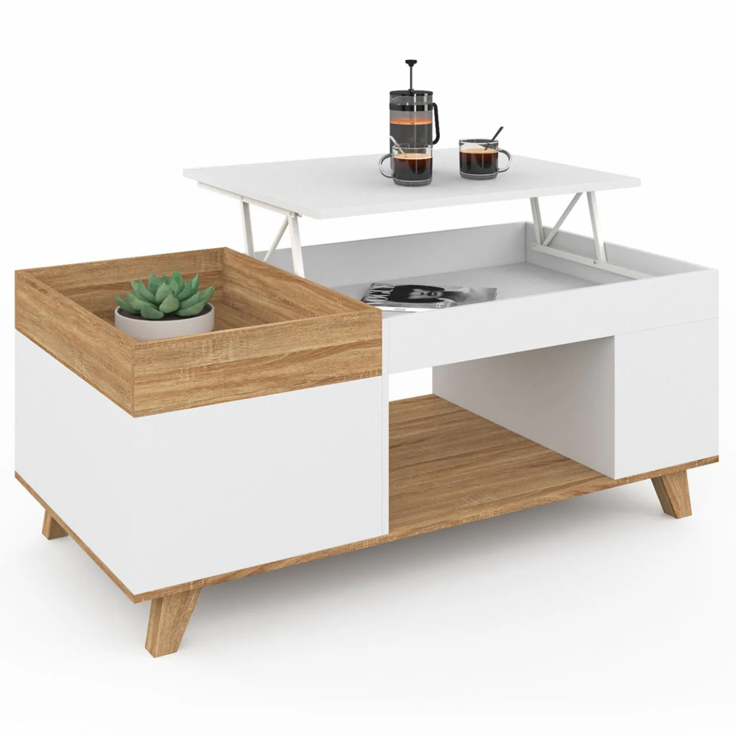 Table basse rectangulaire bois et blanc plateau relevable et coffre*IDMarket Clearance