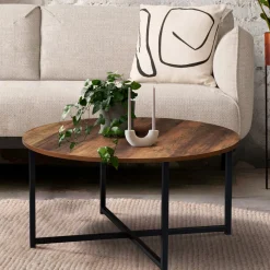 Table basse ronde style industriel bois foncé 80 cm*IDMarket