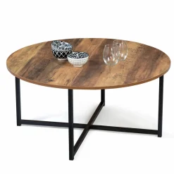 Table basse ronde style industriel bois foncé 80 cm*IDMarket