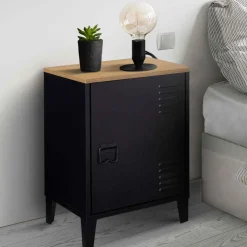 Table de chevet casier porte métal noir et plateau bois*IDMarket Outlet