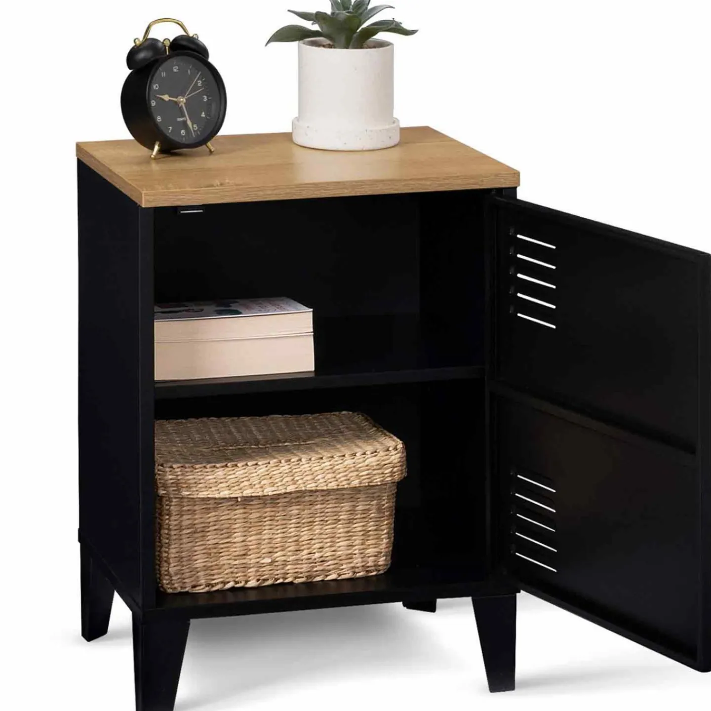 Table de chevet casier porte métal noir et plateau bois*IDMarket Outlet